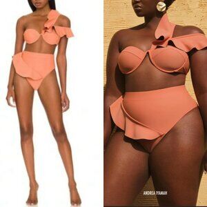 NWT Andrea Iyamah‎ Kiara High Rise Two-Tone Ruffle Bikini Bottom Peach/Deep Red
